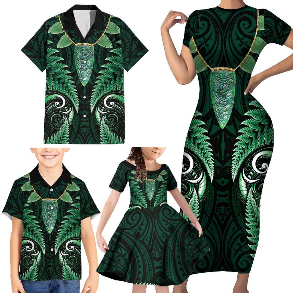 Aotearoa Pounamu Niho Family Matching Short Sleeve Bodycon Dress and Hawaiian Shirt Silver Fern Mix Maori Pattern - Green