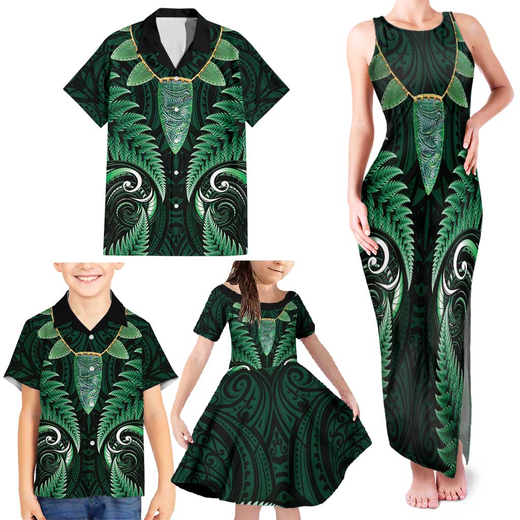 Aotearoa Pounamu Niho Family Matching Tank Maxi Dress and Hawaiian Shirt Silver Fern Mix Maori Pattern - Green