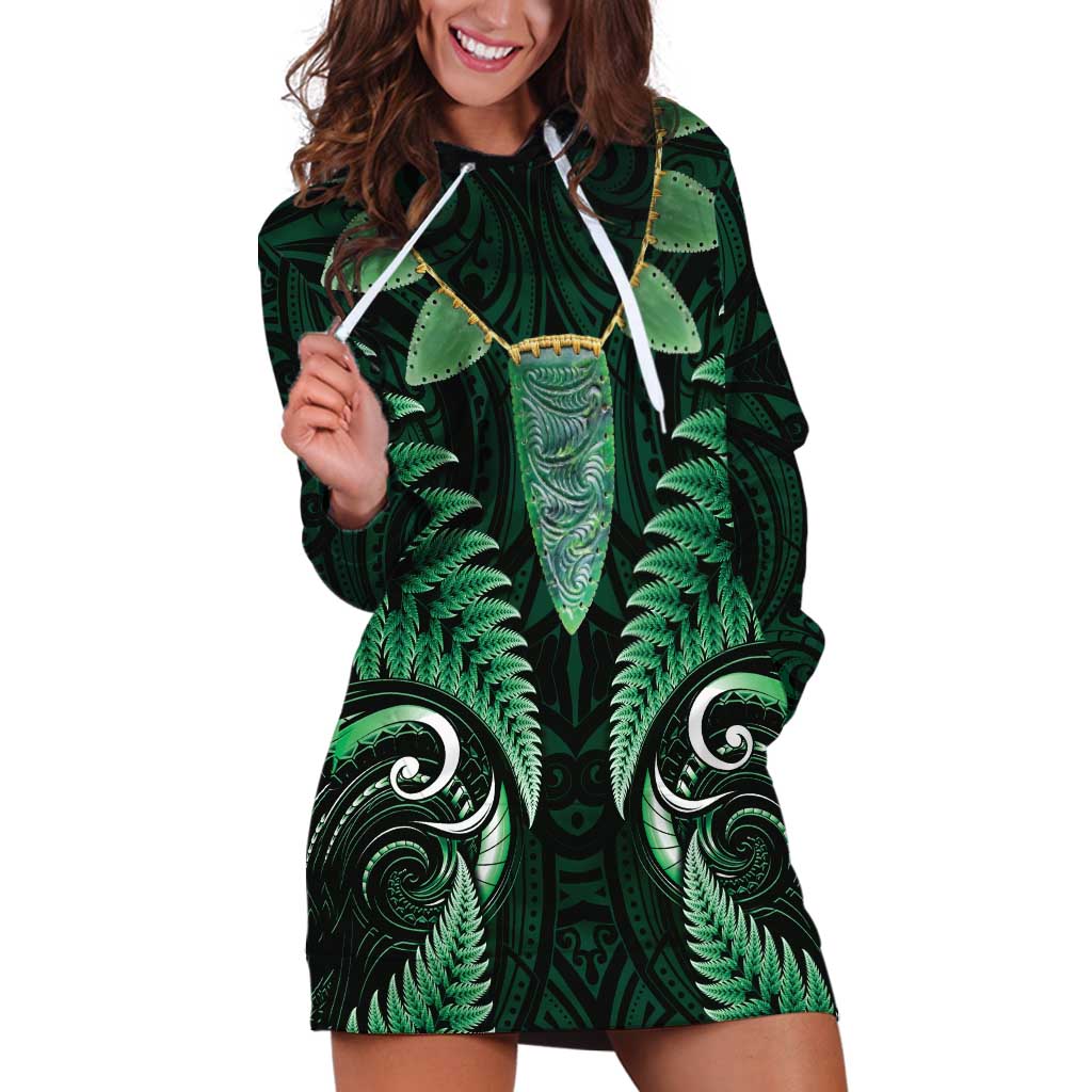 Aotearoa Pounamu Niho Hoodie Dress Silver Fern Mix Maori Pattern - Green