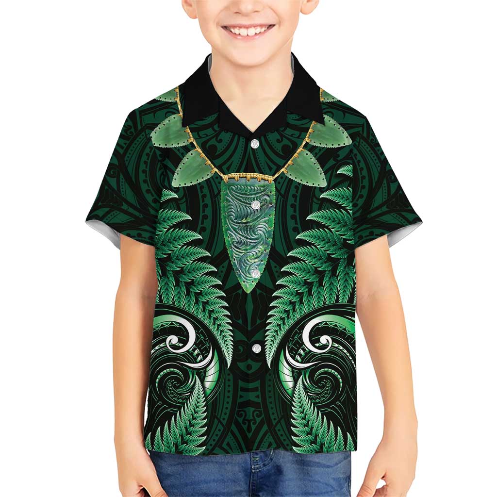 Aotearoa Pounamu Niho Kid Hawaiian Shirt Silver Fern Mix Maori Pattern - Green