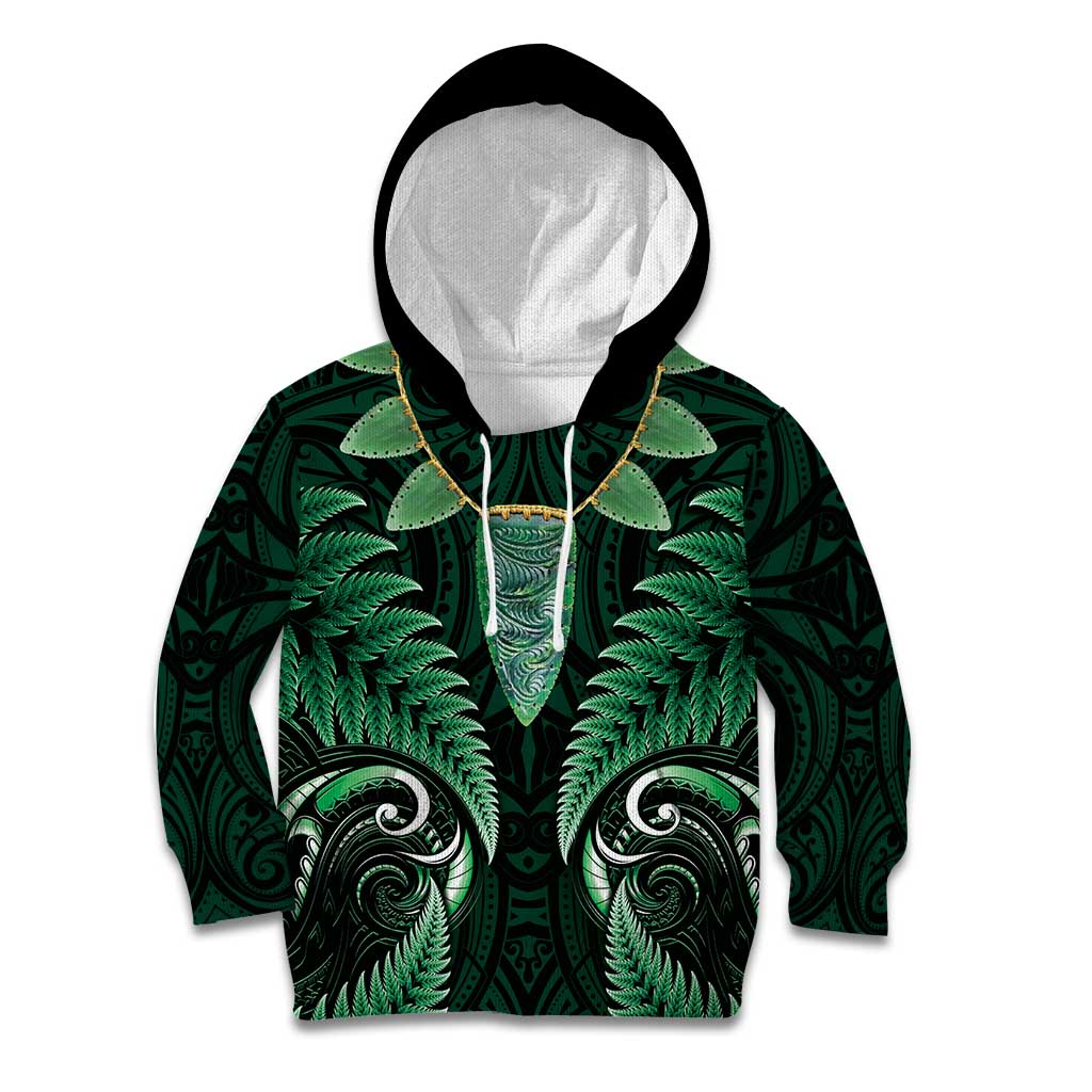 Aotearoa Pounamu Niho Kid Hoodie Silver Fern Mix Maori Pattern - Green