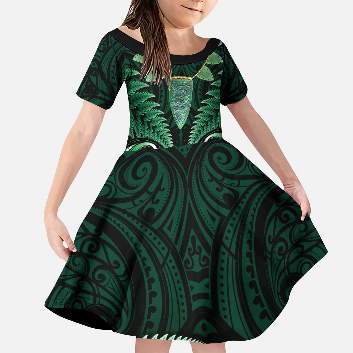 Aotearoa Pounamu Niho Kid Short Sleeve Dress Silver Fern Mix Maori Pattern - Green LT14 KID Green - Polynesian Pride