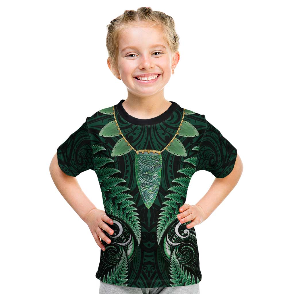 Aotearoa Pounamu Niho Kid T Shirt Silver Fern Mix Maori Pattern - Green LT14 Green - Polynesian Pride