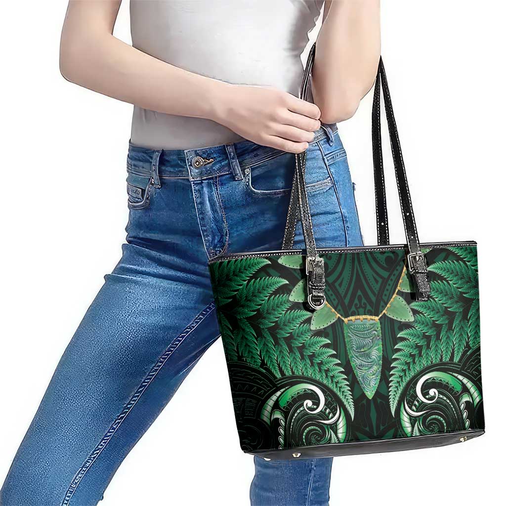 Aotearoa Pounamu Niho Leather Tote Bag Silver Fern Mix Maori Pattern - Green LT14 - Polynesian Pride