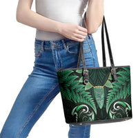 Aotearoa Pounamu Niho Leather Tote Bag Silver Fern Mix Maori Pattern - Green LT14 - Polynesian Pride