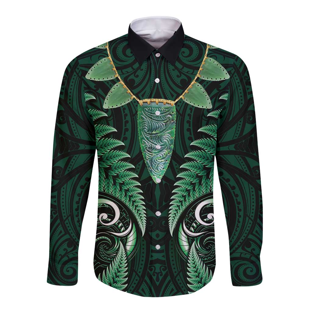 Aotearoa Pounamu Niho Long Sleeve Button Shirt Silver Fern Mix Maori Pattern - Green