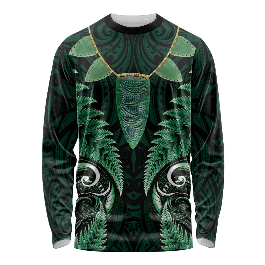 Aotearoa Pounamu Niho Long Sleeve Shirt Silver Fern Mix Maori Pattern - Green