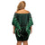 Aotearoa Pounamu Niho Off Shoulder Short Dress Silver Fern Mix Maori Pattern - Green