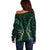 Aotearoa Pounamu Niho Off Shoulder Sweater Silver Fern Mix Maori Pattern - Green