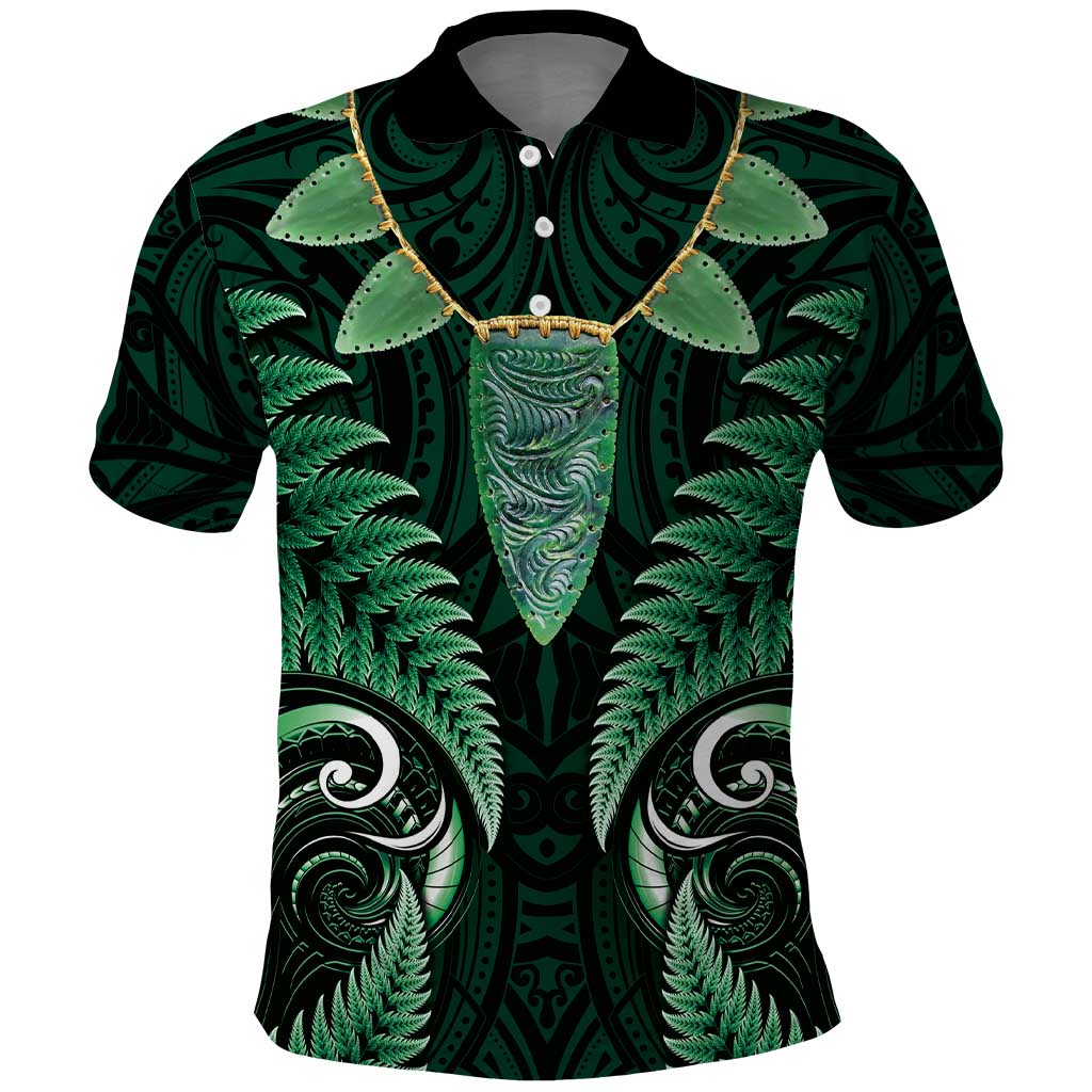 Aotearoa Pounamu Niho Polo Shirt Silver Fern Mix Maori Pattern - Green