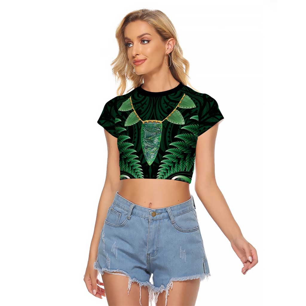 Aotearoa Pounamu Niho Raglan Cropped T Shirt Silver Fern Mix Maori Pattern - Green