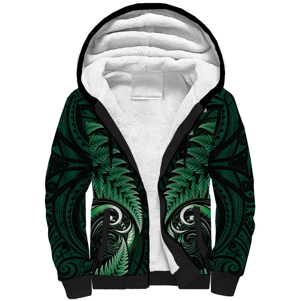 Aotearoa Pounamu Niho Sherpa Hoodie Silver Fern Mix Maori Pattern - Green