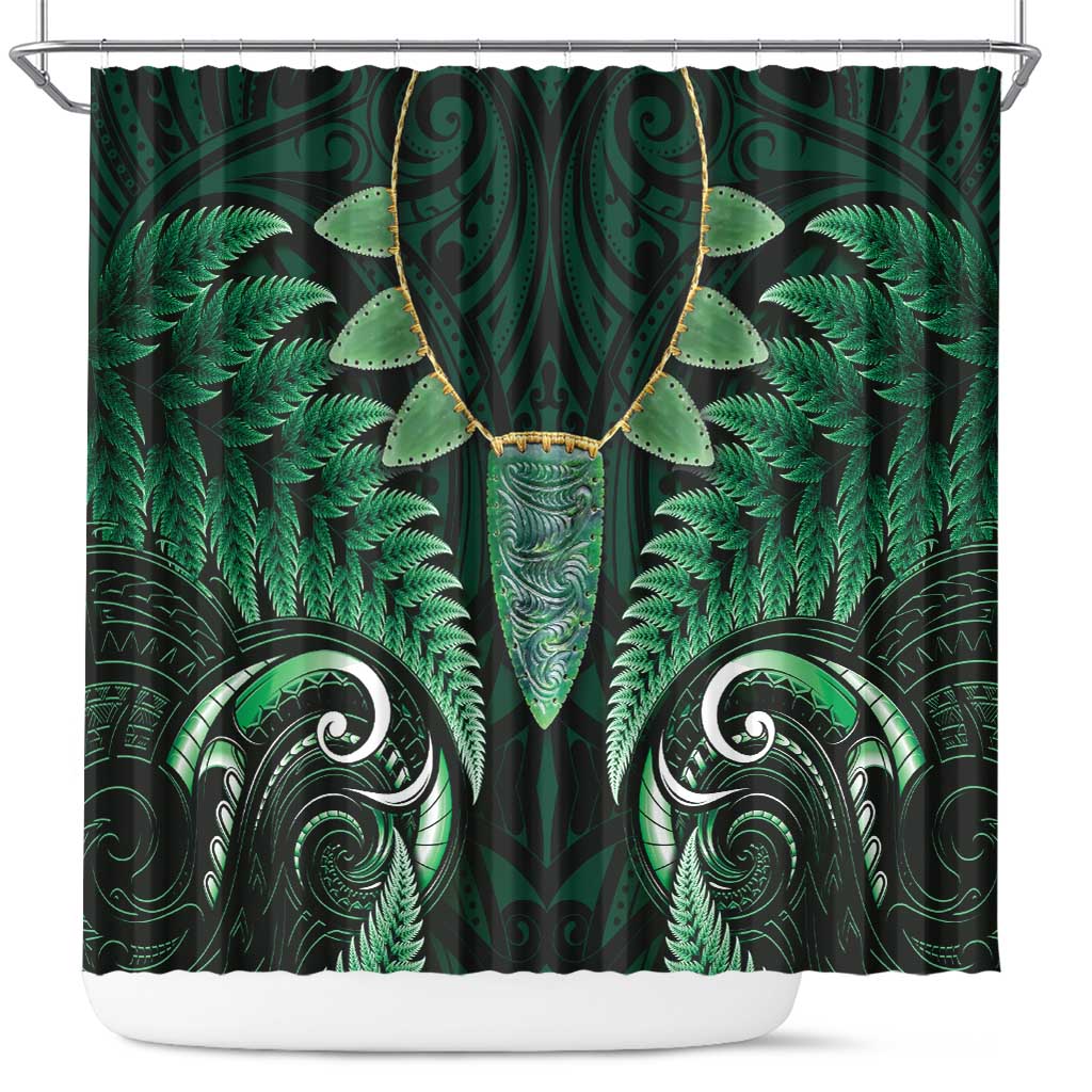 Aotearoa Pounamu Niho Shower Curtain Silver Fern Mix Maori Pattern - Green