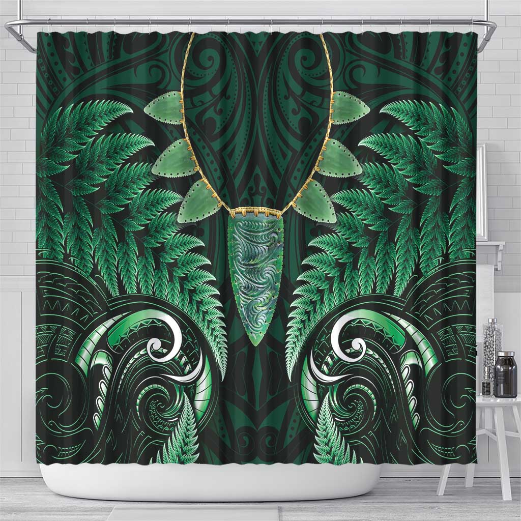Aotearoa Pounamu Niho Shower Curtain Silver Fern Mix Maori Pattern - Green LT14 - Polynesian Pride
