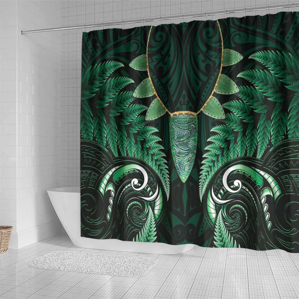 Aotearoa Pounamu Niho Shower Curtain Silver Fern Mix Maori Pattern - Green LT14 - Polynesian Pride