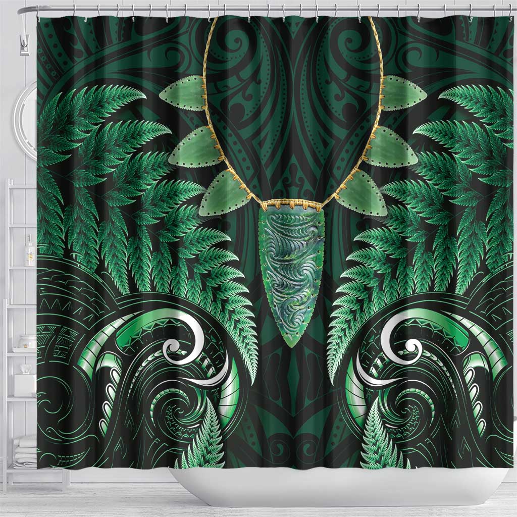 Aotearoa Pounamu Niho Shower Curtain Silver Fern Mix Maori Pattern - Green LT14 - Polynesian Pride