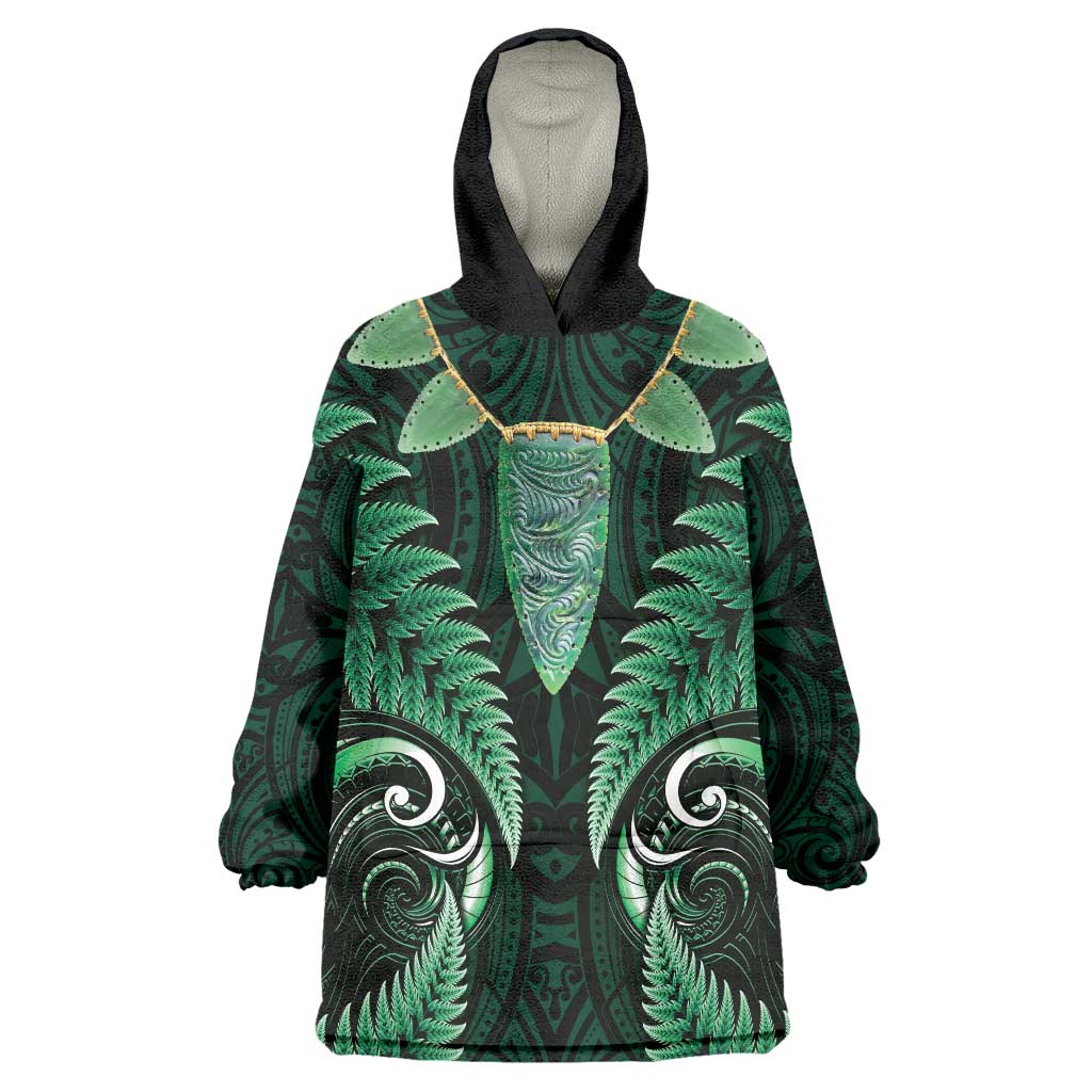 Aotearoa Pounamu Niho Wearable Blanket Hoodie Silver Fern Mix Maori Pattern - Green