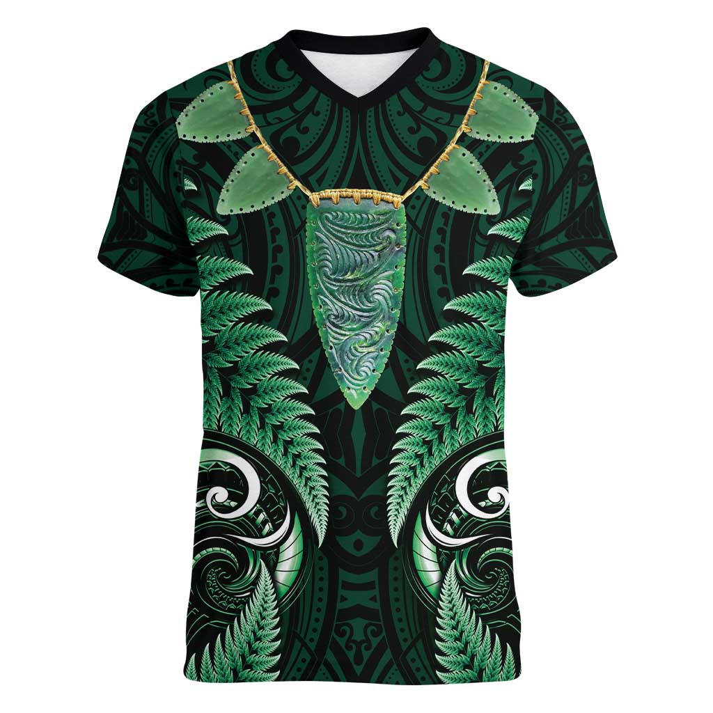 Aotearoa Pounamu Niho Women V-Neck T-Shirt Silver Fern Mix Maori Pattern - Green LT14 Female Green - Polynesian Pride