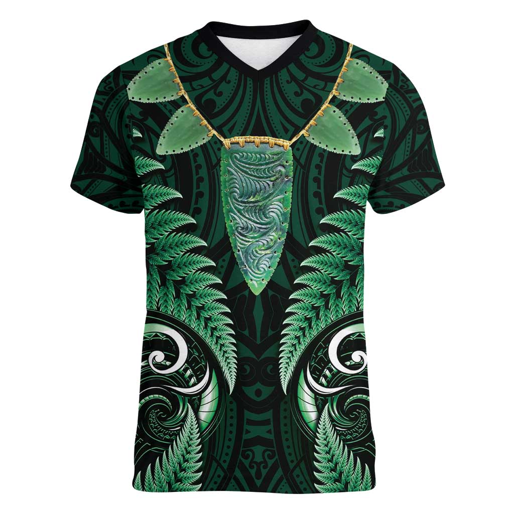 Aotearoa Pounamu Niho Women V-Neck T-Shirt Silver Fern Mix Maori Pattern - Green