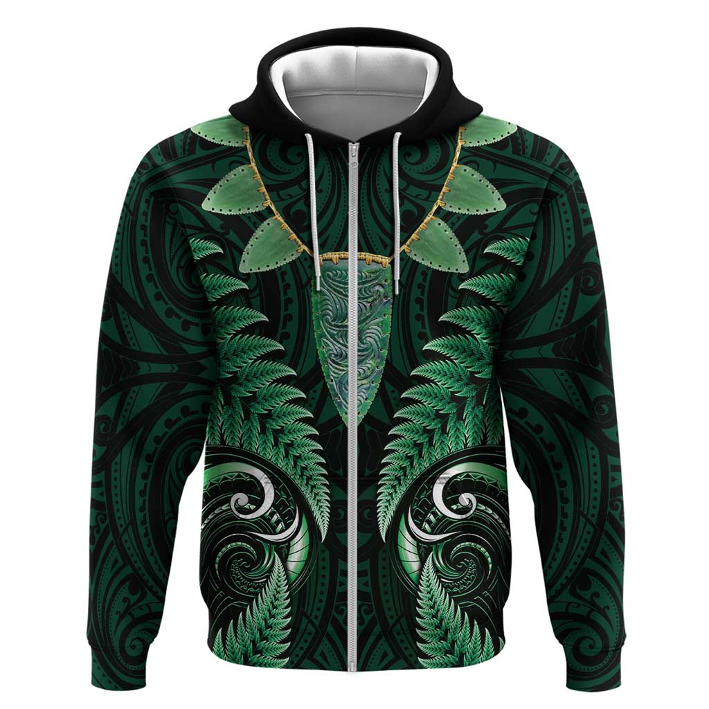 Aotearoa Pounamu Niho Zip Hoodie Silver Fern Mix Maori Pattern - Green