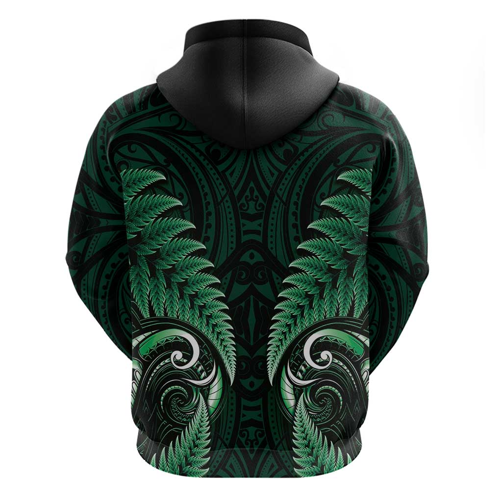 Aotearoa Pounamu Niho Zip Hoodie Silver Fern Mix Maori Pattern - Green