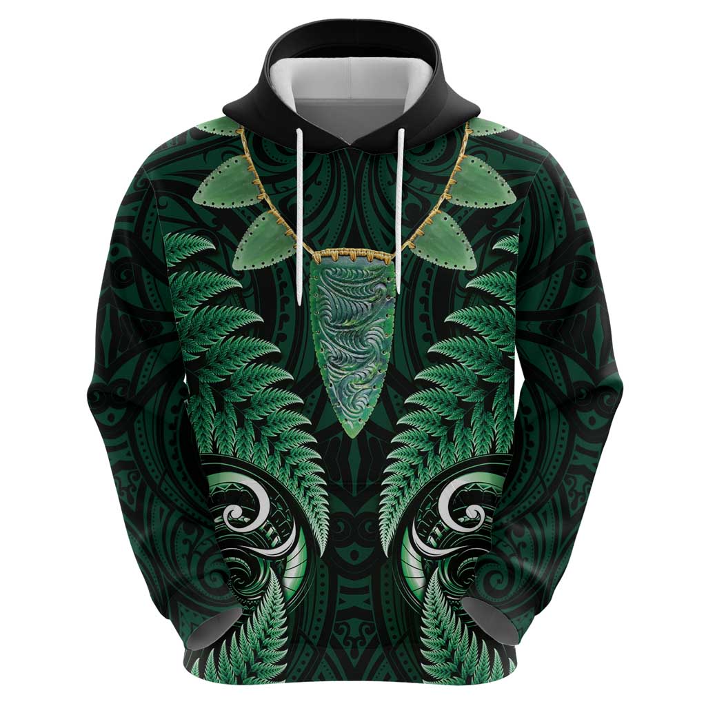 Aotearoa Pounamu Niho Zip Hoodie Silver Fern Mix Maori Pattern - Green