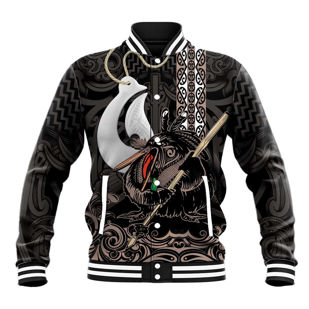 Aotearoa Hei Matau Baseball Jacket Haka Kiwi Mix Maori Mangopare LT14 Unisex Black - Polynesian Pride