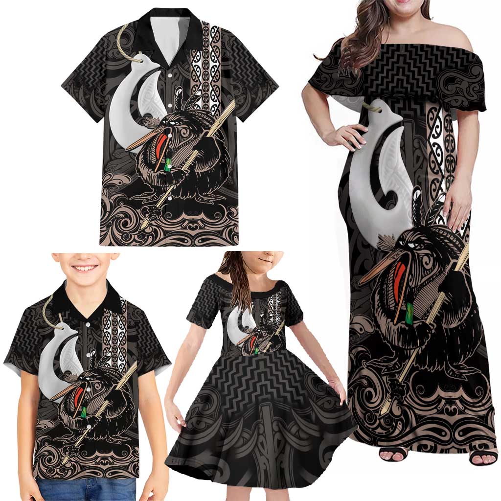 Aotearoa Hei Matau Family Matching Off Shoulder Maxi Dress and Hawaiian Shirt Haka Kiwi Mix Maori Mangopare LT14 - Polynesian Pride