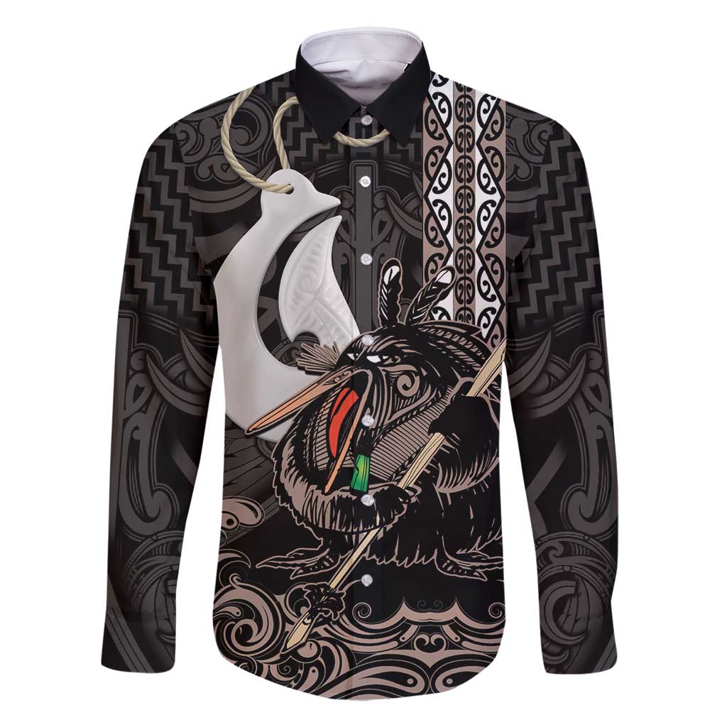 Aotearoa Hei Matau Family Matching Tank Maxi Dress and Hawaiian Shirt Haka Kiwi Mix Maori Mangopare LT14 Dad's Shirt - Long Sleeve Black - Polynesian Pride