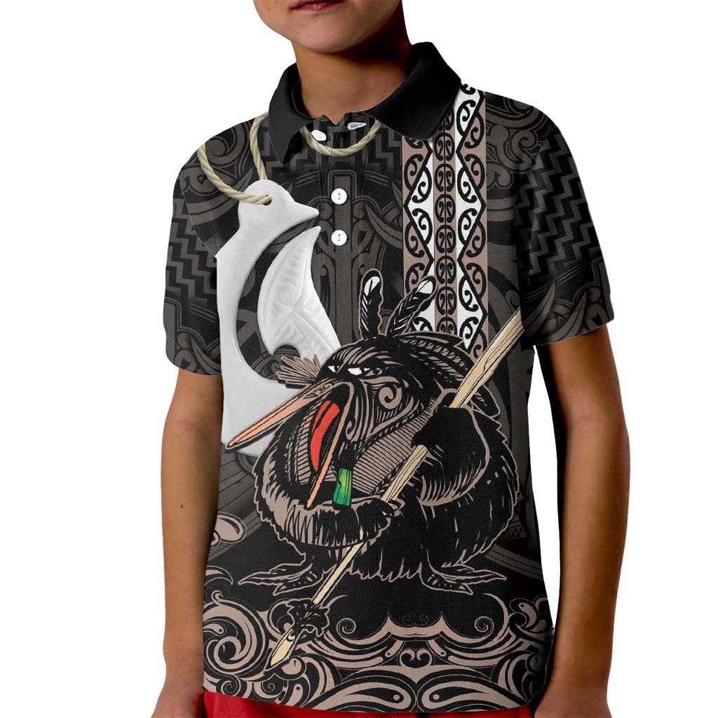 Aotearoa Hei Matau Kid Polo Shirt Haka Kiwi Mix Maori Mangopare LT14 Kid Black - Polynesian Pride
