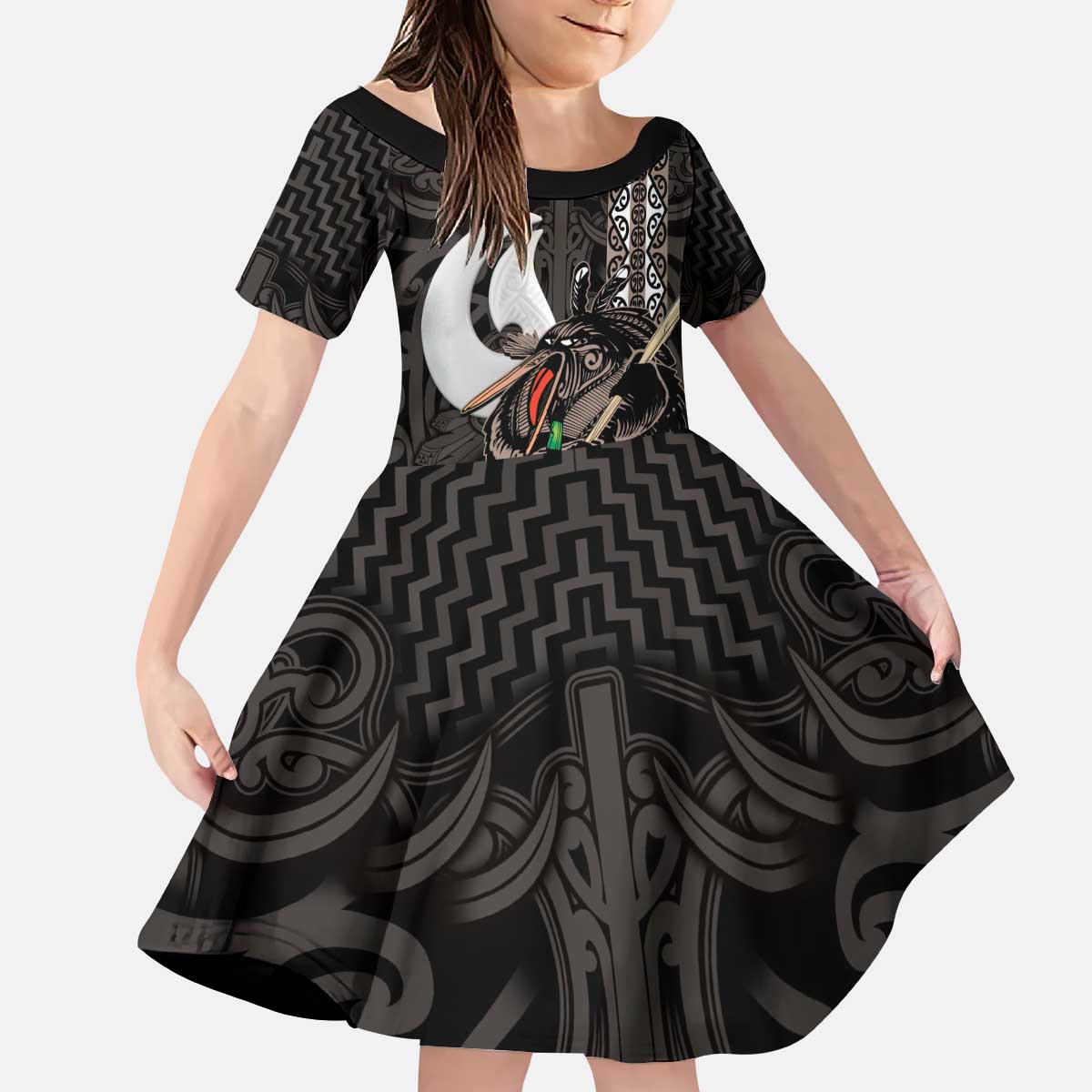 Aotearoa Hei Matau Kid Short Sleeve Dress Haka Kiwi Mix Maori Mangopare LT14 KID Black - Polynesian Pride