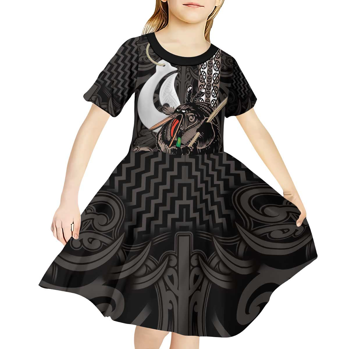 Aotearoa Hei Matau Kid Short Sleeve Dress Haka Kiwi Mix Maori Mangopare LT14 - Polynesian Pride