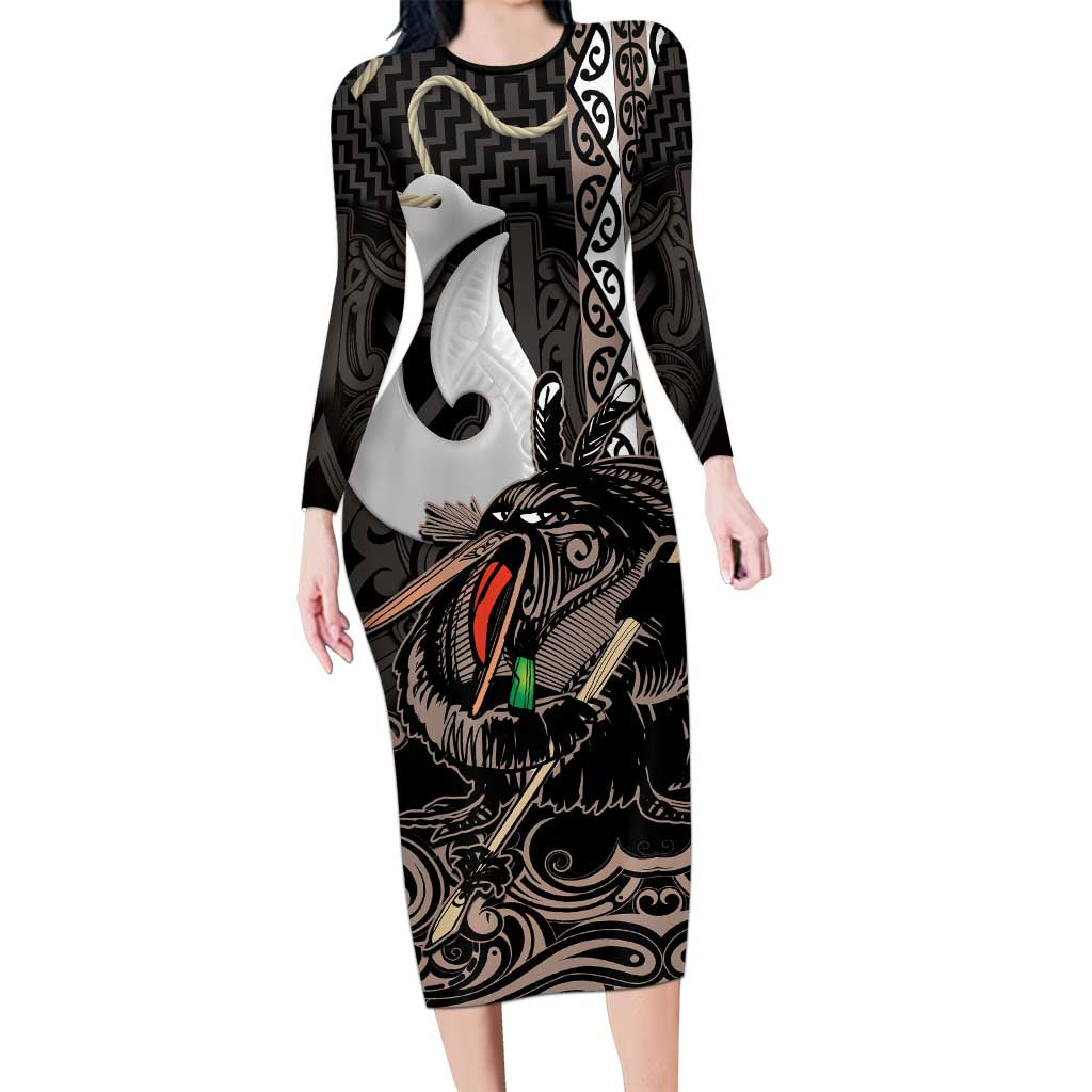 Aotearoa Hei Matau Long Sleeve Bodycon Dress Haka Kiwi Mix Maori Mangopare LT14 Long Dress Black - Polynesian Pride