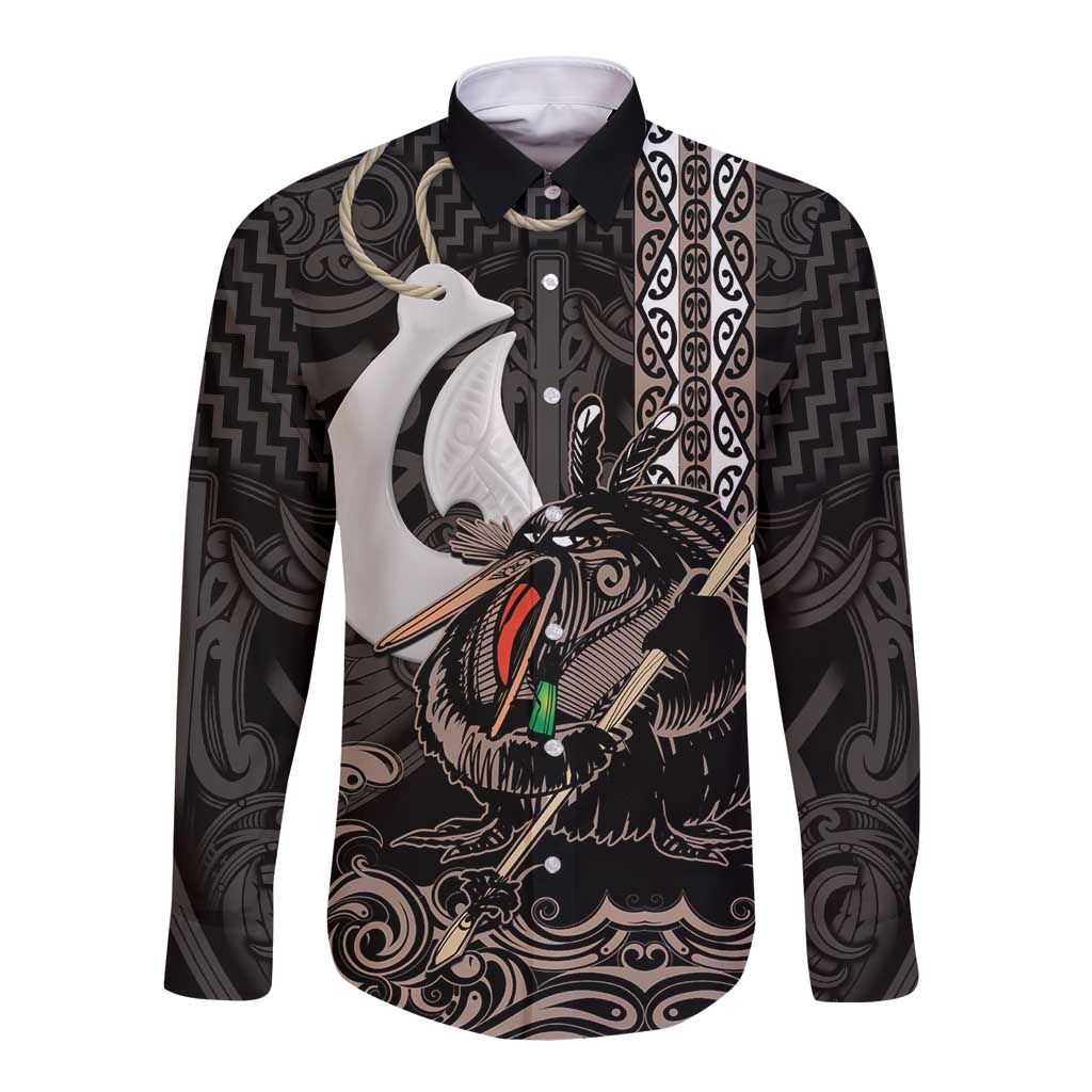 Aotearoa Hei Matau Long Sleeve Button Shirt Haka Kiwi Mix Maori Mangopare LT14 Unisex Black - Polynesian Pride
