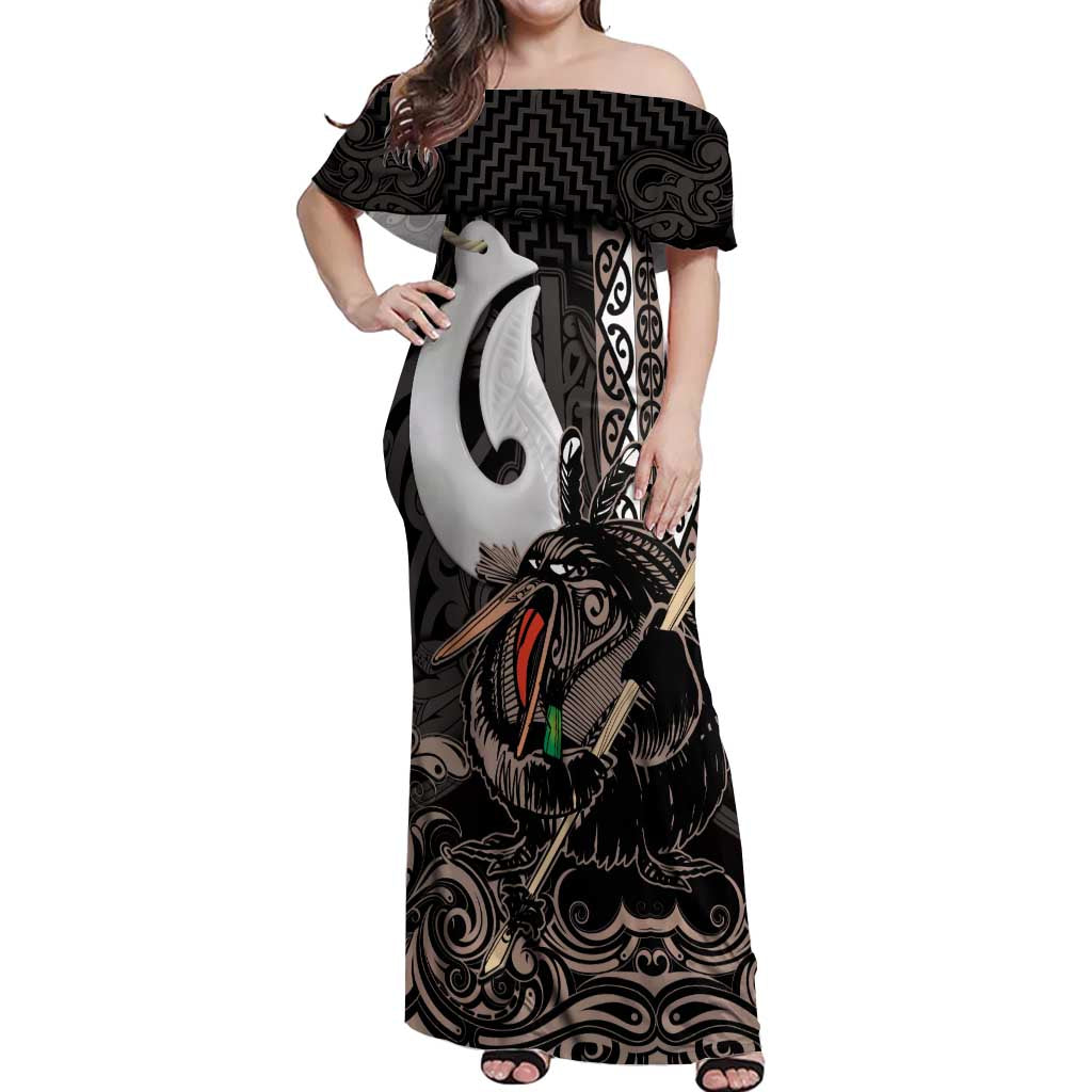 Aotearoa Hei Matau Off Shoulder Maxi Dress Haka Kiwi Mix Maori Mangopare LT14 Women Black - Polynesian Pride