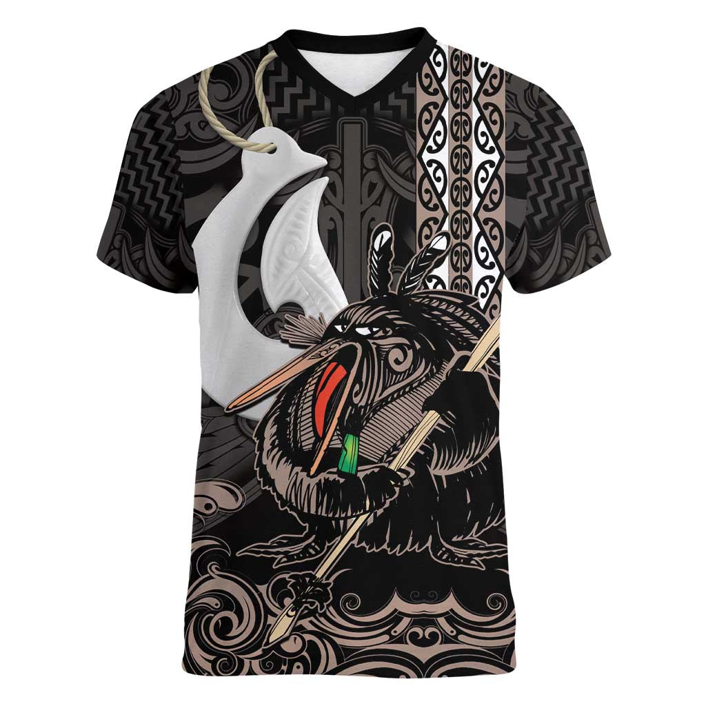 Aotearoa Hei Matau Women V-Neck T-Shirt Haka Kiwi Mix Maori Mangopare LT14 Female Black - Polynesian Pride