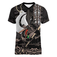 Aotearoa Hei Matau Women V-Neck T-Shirt Haka Kiwi Mix Maori Mangopare LT14 Female Black - Polynesian Pride
