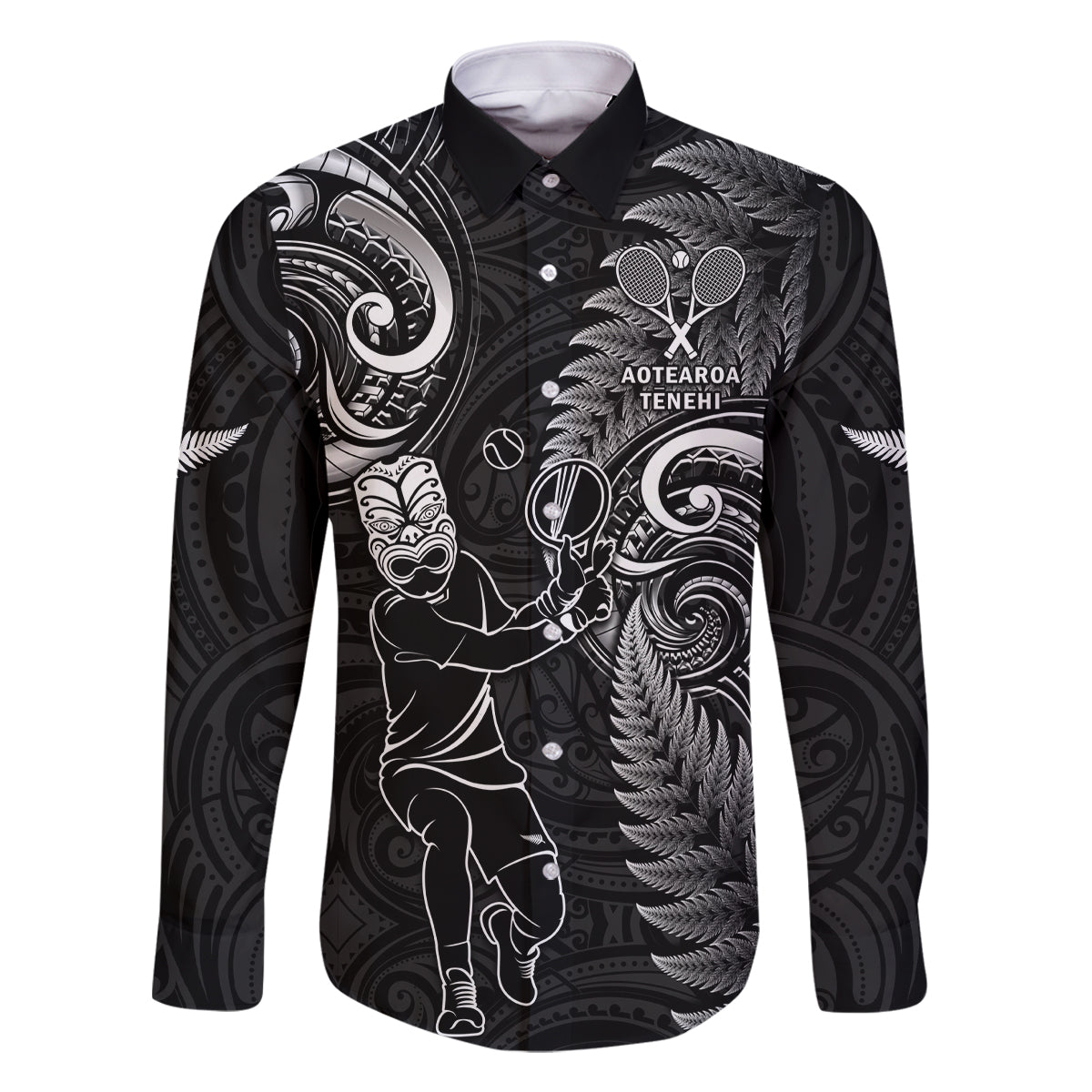 New Zealand Tiki Tennis Family Matching Tank Maxi Dress and Hawaiian Shirt 2024 Aotearoa Tenehi Maori Silver Fern - Black LT14 Dad's Shirt - Long Sleeve Black - Polynesian Pride