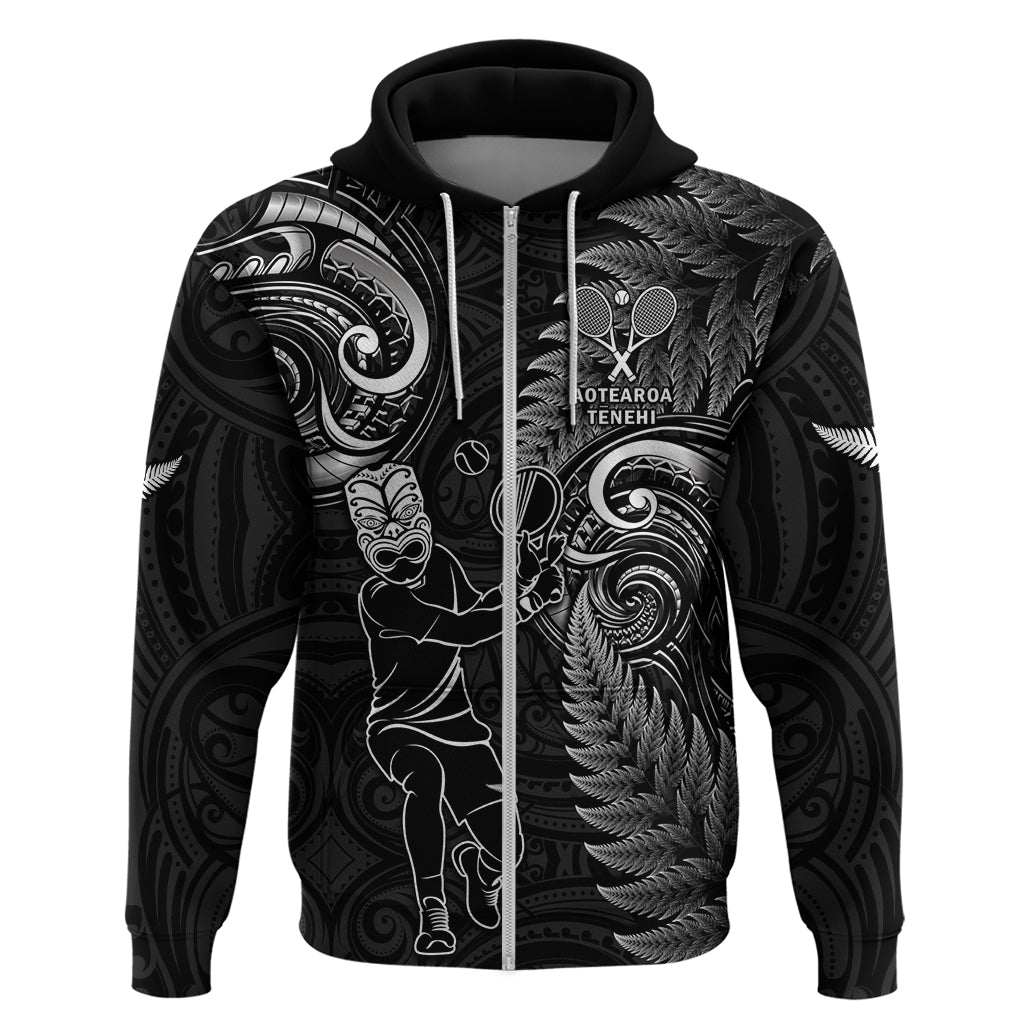 New Zealand Tiki Tennis Hoodie 2024 Aotearoa Tenehi Maori Silver Fern - Black LT14 Zip Hoodie Black - Polynesian Pride