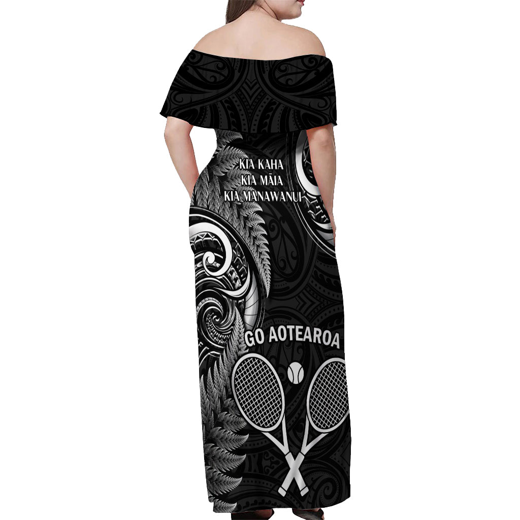 New Zealand Tiki Tennis Off Shoulder Maxi Dress 2024 Aotearoa Tenehi Maori Silver Fern - Black LT14 - Polynesian Pride