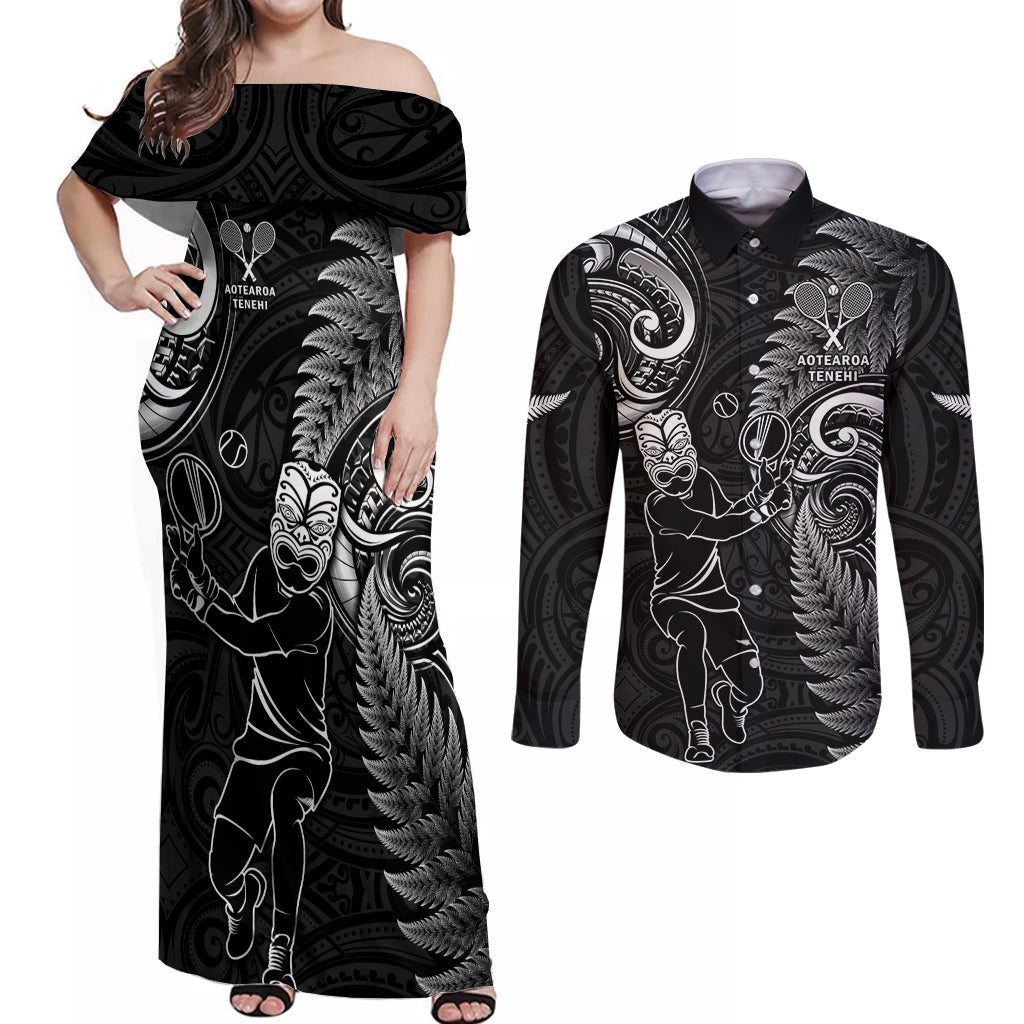 Custom New Zealand Tiki Tennis Couples Matching Off Shoulder Maxi Dress and Long Sleeve Button Shirt 2024 Aotearoa Tenehi Maori Silver Fern - Black LT14 Black - Polynesian Pride