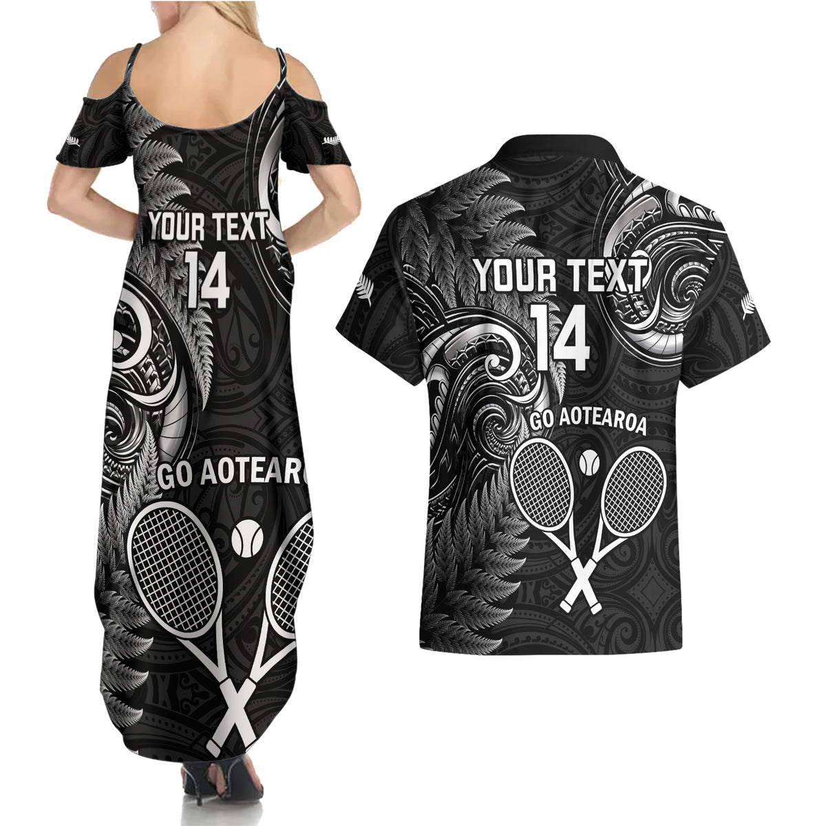 Custom New Zealand Tiki Tennis Couples Matching Summer Maxi Dress and Hawaiian Shirt 2024 Aotearoa Tenehi Maori Silver Fern - Black LT14 - Polynesian Pride