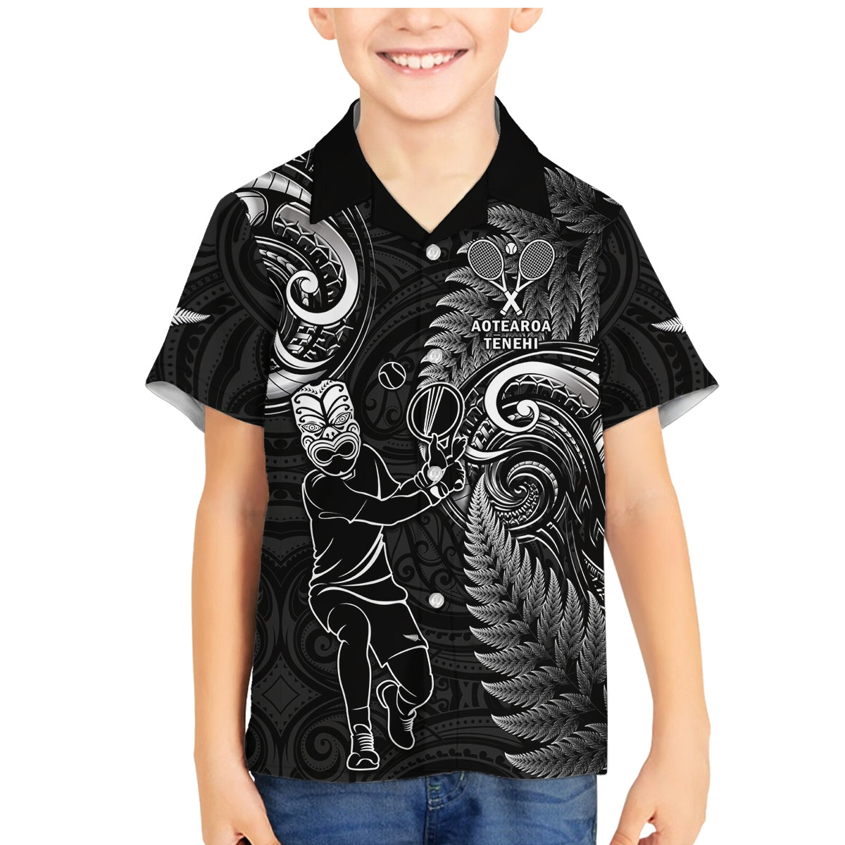 Custom New Zealand Tiki Tennis Family Matching Mermaid Dress and Hawaiian Shirt 2024 Aotearoa Tenehi Maori Silver Fern - Black LT14 Son's Shirt Black - Polynesian Pride