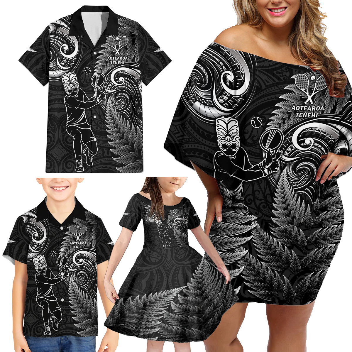 Custom New Zealand Tiki Tennis Family Matching Off Shoulder Short Dress and Hawaiian Shirt 2024 Aotearoa Tenehi Maori Silver Fern - Black LT14 - Polynesian Pride