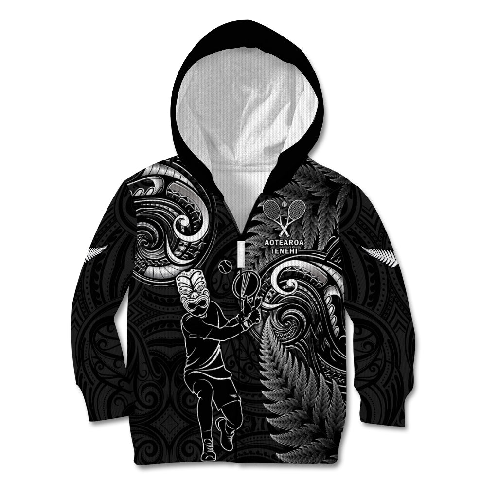 Custom New Zealand Tiki Tennis Kid Hoodie 2024 Aotearoa Tenehi Maori Silver Fern - Black LT14 Zip Hoodie Black - Polynesian Pride