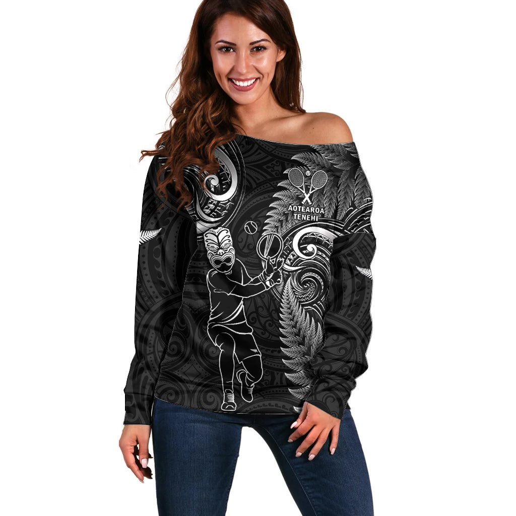 Custom New Zealand Tiki Tennis Off Shoulder Sweater 2024 Aotearoa Tenehi Maori Silver Fern - Black LT14 Women Black - Polynesian Pride