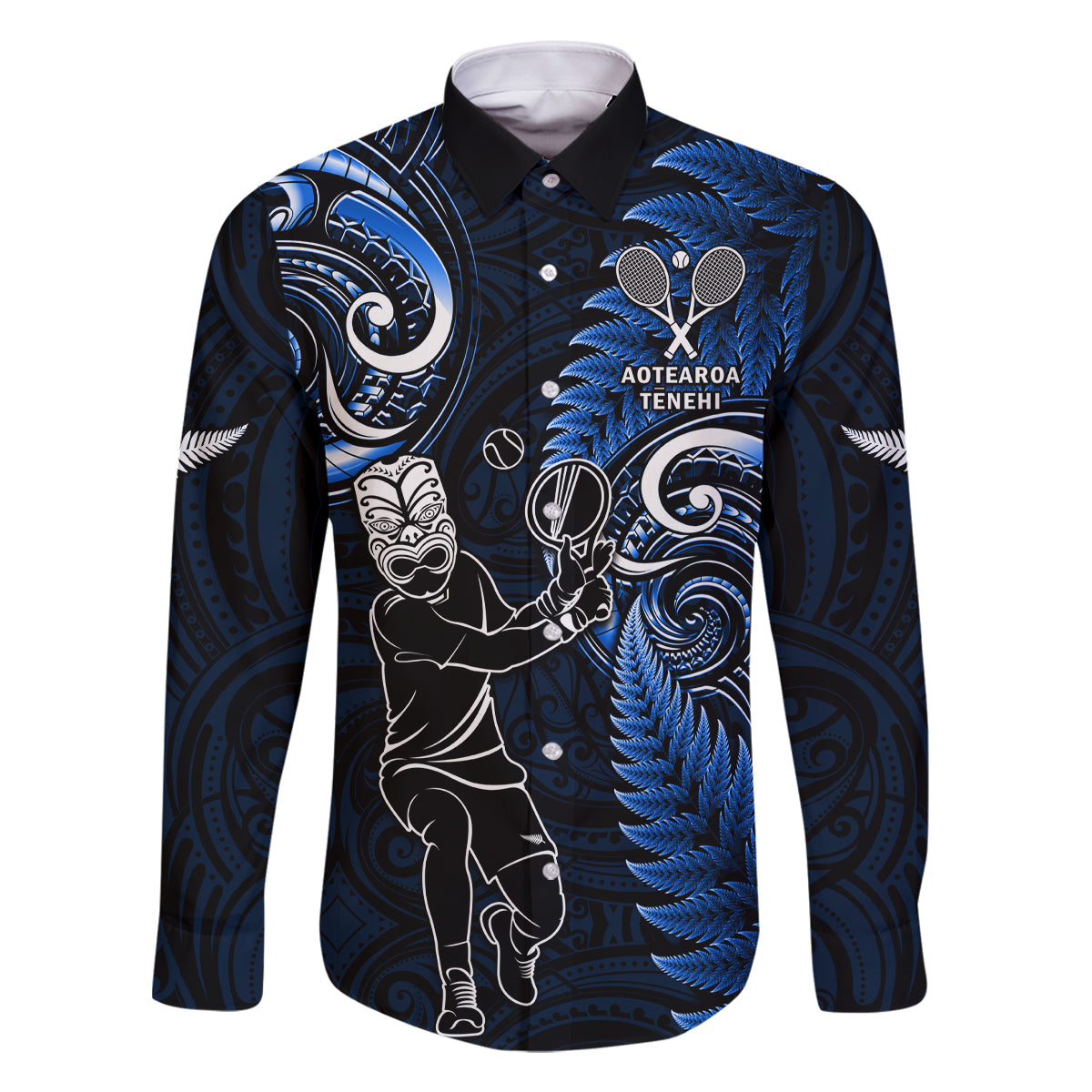 New Zealand Tiki Tennis Family Matching Off Shoulder Maxi Dress and Hawaiian Shirt 2024 Aotearoa Tenehi Maori Silver Fern - Blue LT14 Dad's Shirt - Long Sleeve Blue - Polynesian Pride