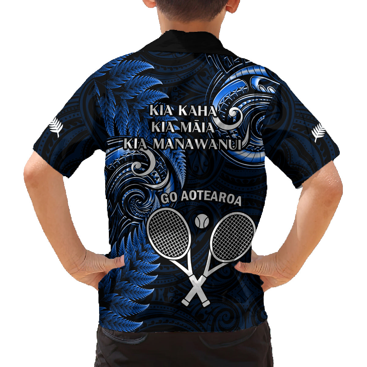 New Zealand Tiki Tennis Family Matching Off Shoulder Short Dress and Hawaiian Shirt 2024 Aotearoa Tenehi Maori Silver Fern - Blue LT14 - Polynesian Pride