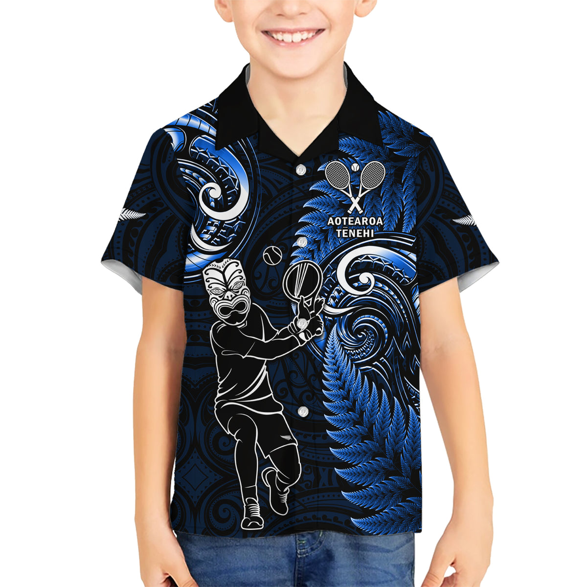 New Zealand Tiki Tennis Family Matching Short Sleeve Bodycon Dress and Hawaiian Shirt 2024 Aotearoa Tenehi Maori Silver Fern - Blue LT14 Son's Shirt Blue - Polynesian Pride