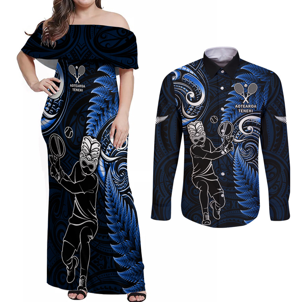 Custom New Zealand Tiki Tennis Couples Matching Off Shoulder Maxi Dress and Long Sleeve Button Shirt 2024 Aotearoa Tenehi Maori Silver Fern - Blue LT14 Blue - Polynesian Pride